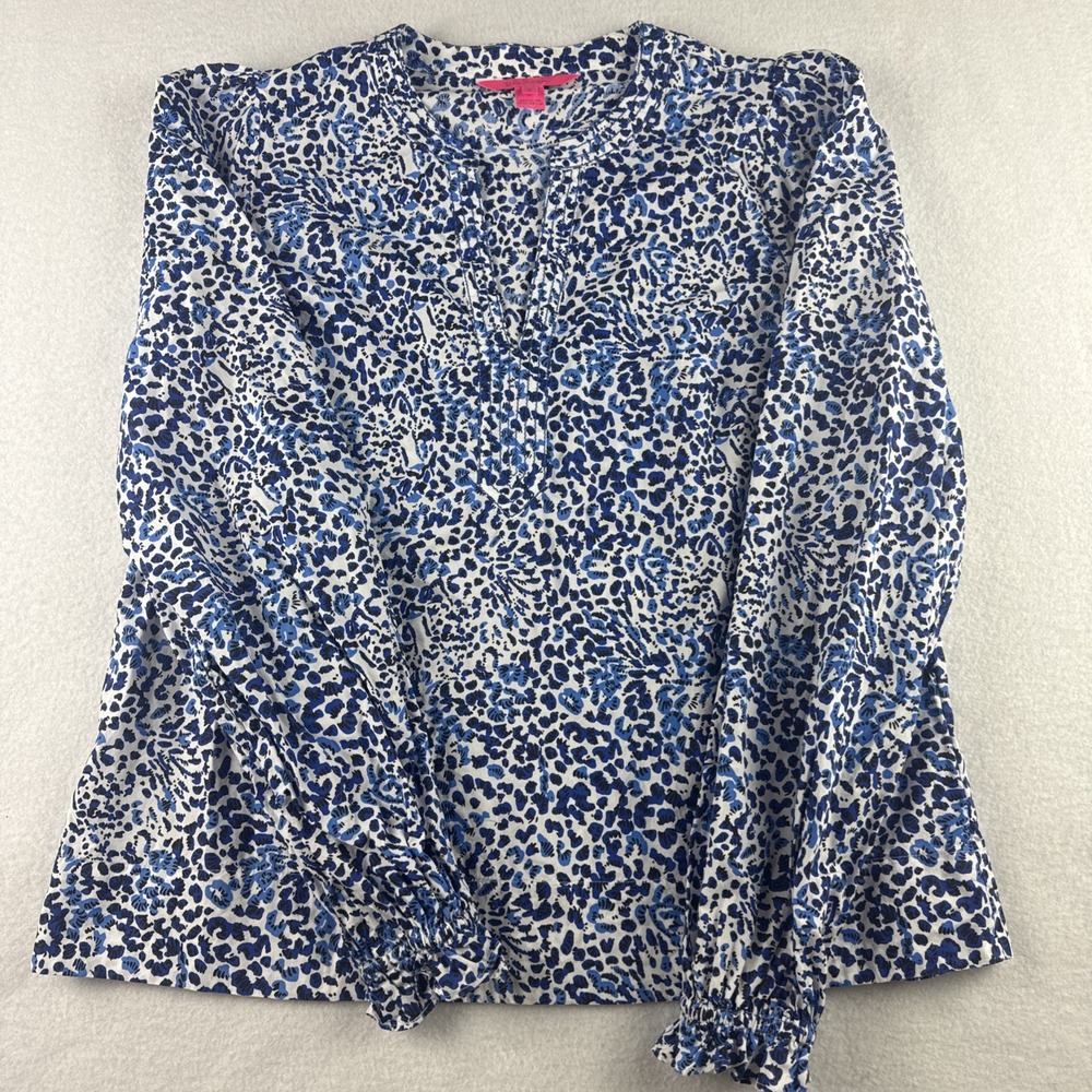 Lilly Pulitzer Blue Blouse Elastic Cuff Women's Size S Speckled Feminine Preppy